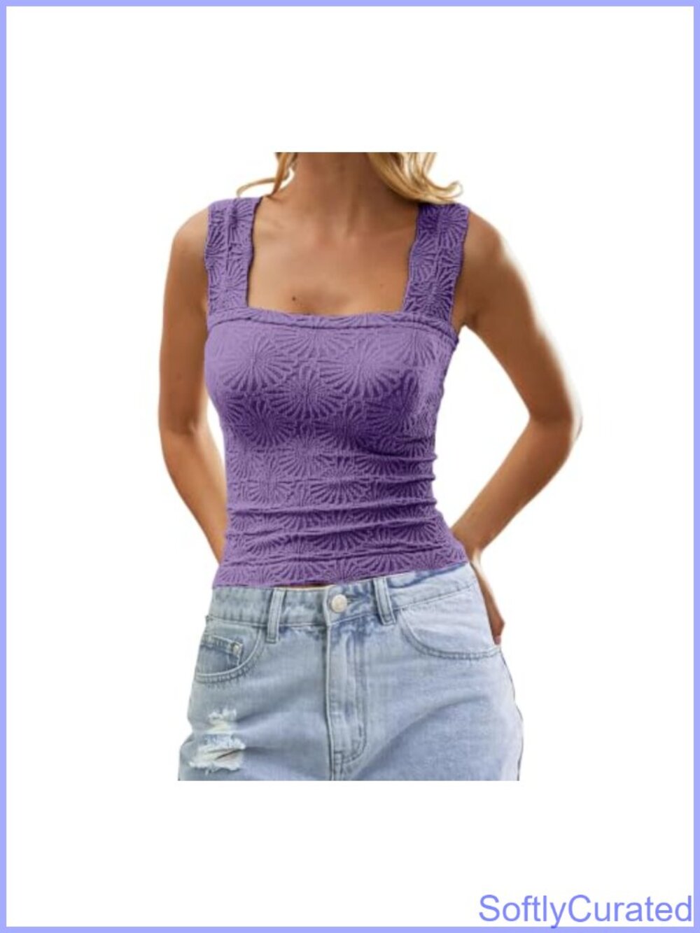 Square Neck Wide Strap Floral Crop Tank Top Sleeveless Lettuce Trim Slim Fit